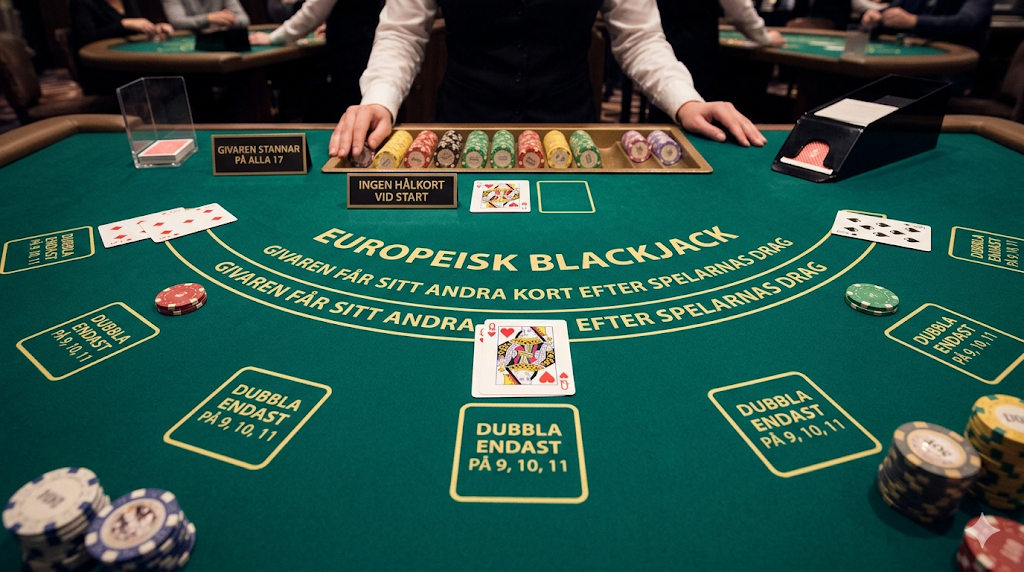 Europeisk blackjack i live casino där dealern delar kort och spelare spelar mot banken vid bord