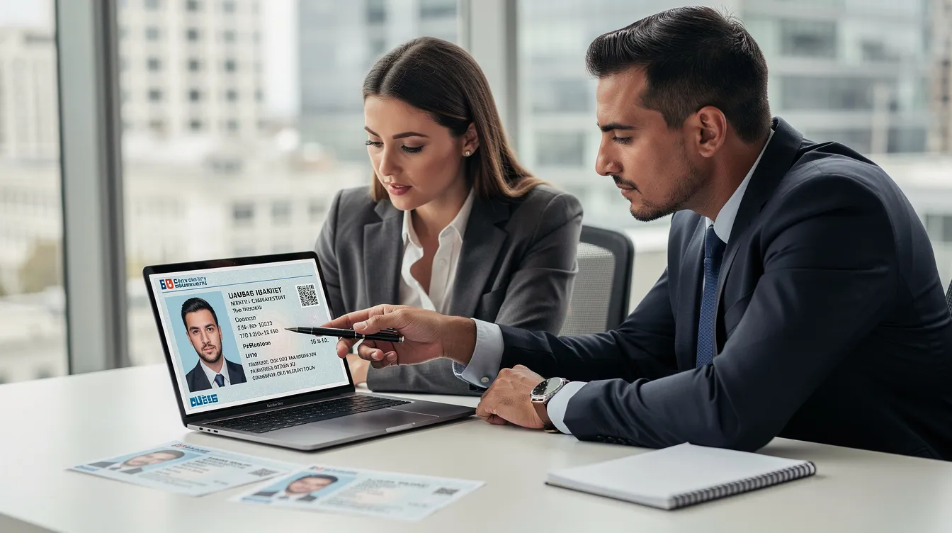 In a modern office setting, two professionals are intently reviewing identity documents on a laptop, focusing on identity verification processes to ensure compliance with regulatory obligations and prevent fraud. The scene highlights the importance of document verification and operational efficiency in the realm of identity verification solutions.