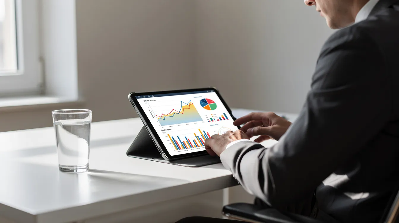 A person sits at a desk, illuminated by natural daylight, intently examining a tablet screen displaying various financial charts and data related to personal finance management. Nearby, a glass of water rests, suggesting a focused environment for tracking spending and planning financial goals.