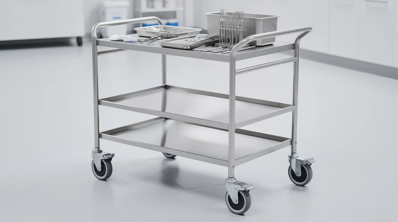 The image depicts a polished stainless steel medical equipment cart, featuring smooth surfaces and locking casters, situated in a clean clinical environment. This cart exemplifies high-quality metal fabrication processes, highlighting the advantages of using corrosion-resistant materials in medical settings.