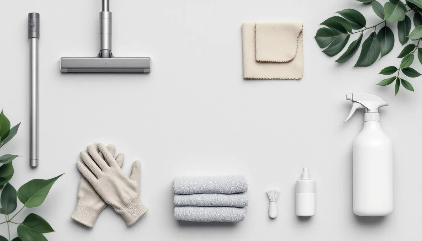 A variety of cleaning supplies and tools used in comprehensive housekeeping packages.