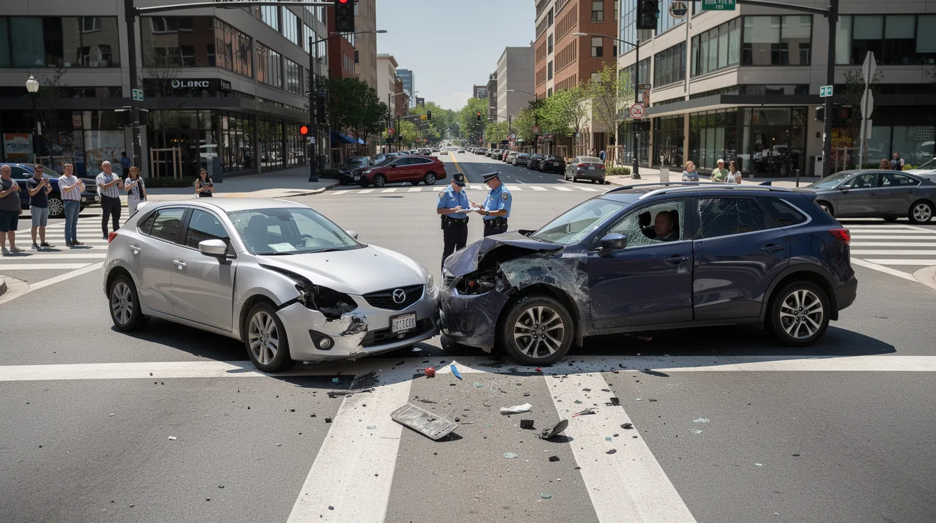La imagen muestra una escena de accidente vehicular en una intersección, donde dos autos han colisionado. Se pueden observar daños visibles en ambos vehículos, y la situación puede requerir la asistencia de agentes de seguros para gestionar los reclamos y evaluar los costos de reparación.