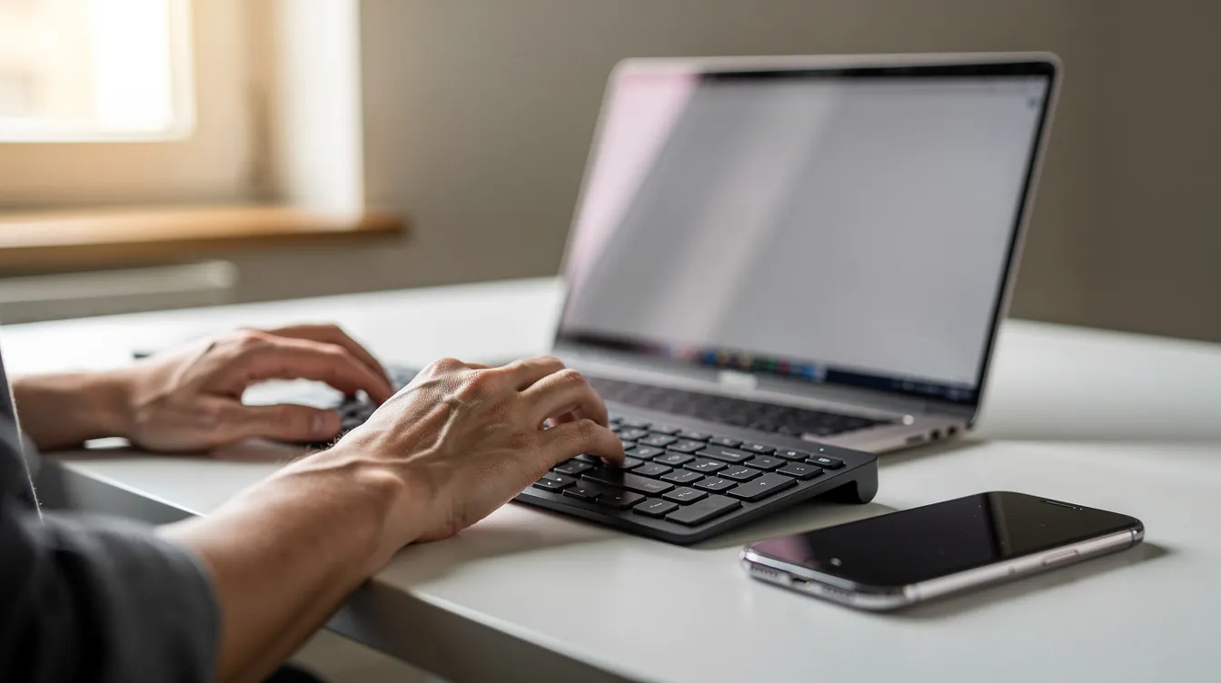 Eine Person sitzt an einem Laptop und tippt auf der Tastatur, während ein Smartphone neben dem Laptop auf dem Tisch liegt. Diese Szene könnte für Kunden von entega relevant sein, die Informationen über ihre Rechnungen und den Zugang zum Kundenportal suchen.