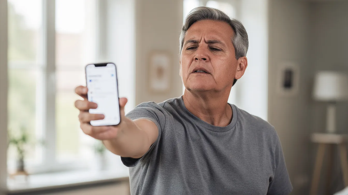 Uma pessoa de meia-idade está segurando um celular com o braço esticado, tentando ler a tela em um ambiente bem iluminado, demonstrando sinais de dificuldade para enxergar de perto, possivelmente devido à presbiopia. A imagem reflete a luta comum de muitos, que enfrentam sintomas como vista cansada e necessidade de usar óculos de leitura ou lentes de contato multifocais para melhorar a qualidade de vida.