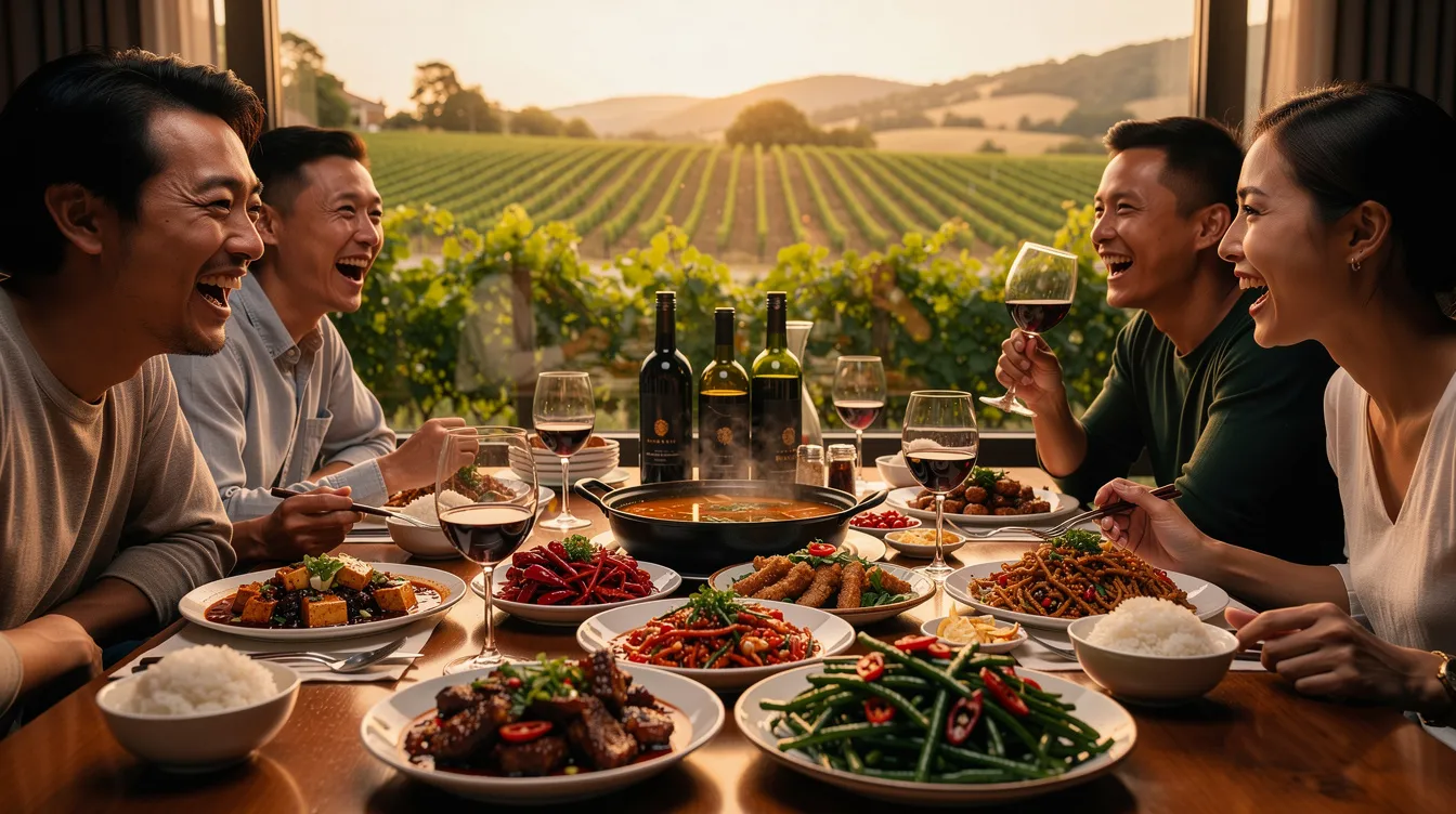 A group of friends is joyfully laughing around a table filled with mouthwatering Sichuan dishes, including spicy mapo tofu and sweet and sour chicken, while several bottles of wine, such as off-dry Riesling and Pinot Noir, are scattered among the plates. In the background, a picturesque vineyard scenery is visible through a window, enhancing the ambiance of this delightful meal featuring complex flavors and perfect wine pairings.