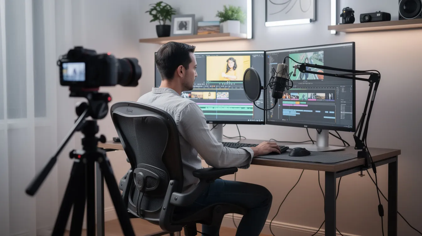 The image depicts a professional content creator at a desk equipped with a camera, microphone, and dual monitors displaying video editing software, illustrating the workspace of an experienced professional in content creation and video production. This setup highlights the essential tools for producing high-quality digital content and managing successful campaigns in the realm of social media management and content marketing.