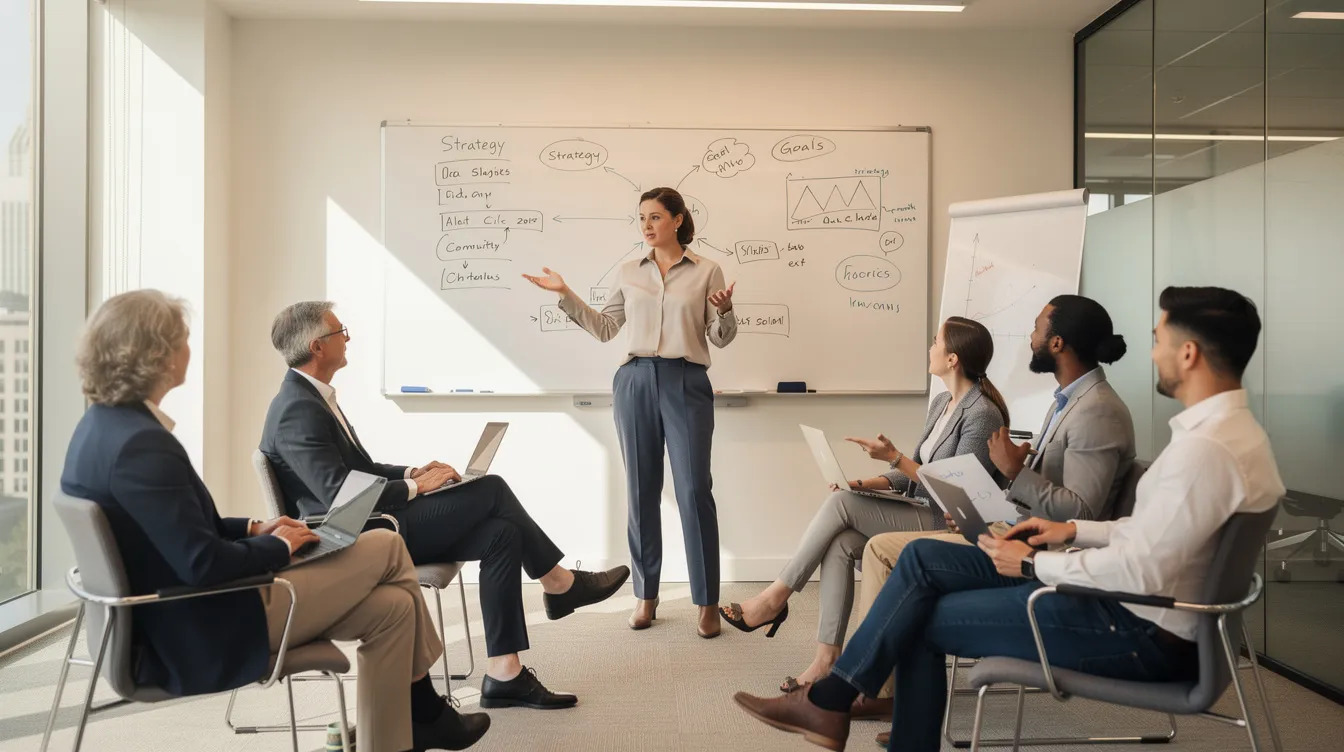 Un manager se tient devant un tableau blanc, facilitant une discussion avec une petite équipe assise en demi-cercle. Cette scène illustre l'importance de l'intelligence collective dans le milieu professionnel, où chaque membre contribue à la prise de décision et à la co-création d'idées.