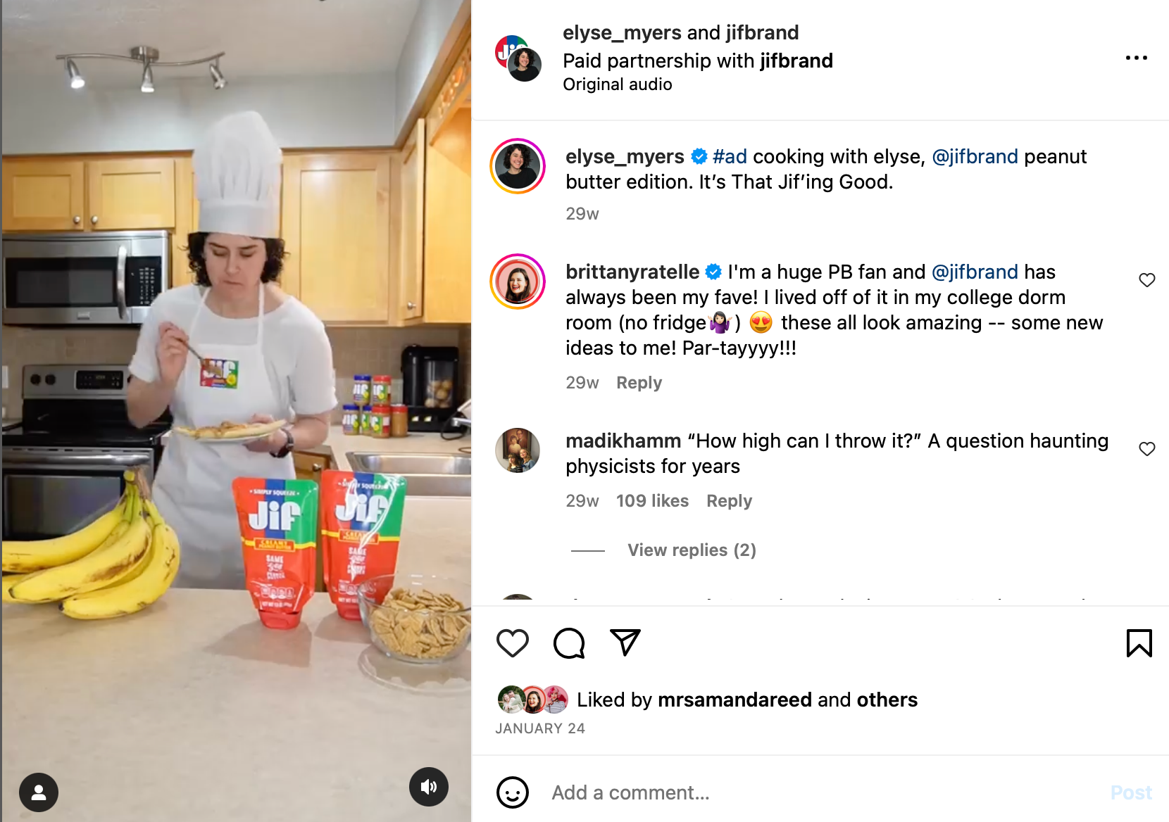 Brands like Jif work with influencers like Elyse Myers to draw visibility to their products and create more brand awareness.