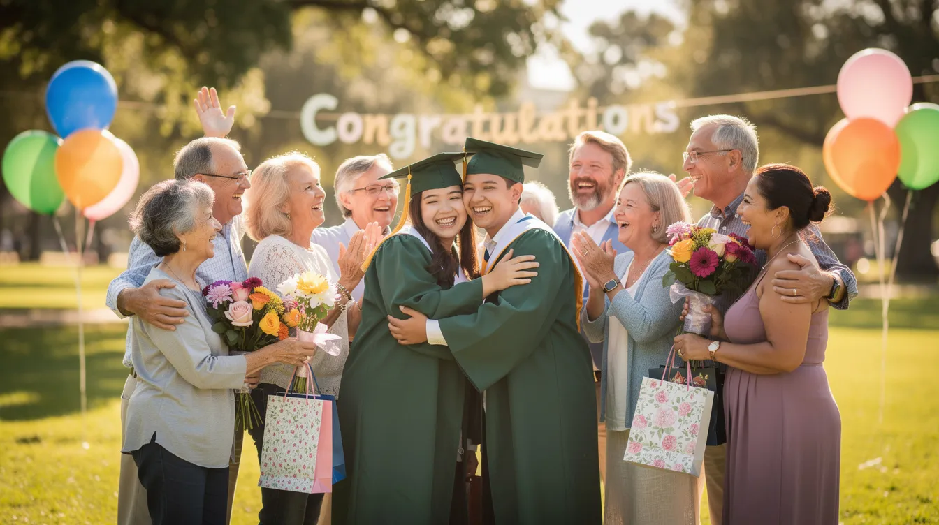 The image depicts a joyful graduation celebration outdoors, where family members are embracing and cheering for a recent graduate, symbolizing the achievement of their high school or university diploma. The scene captures the excitement and pride of this significant milestone, highlighting the importance of education and the support of loved ones.