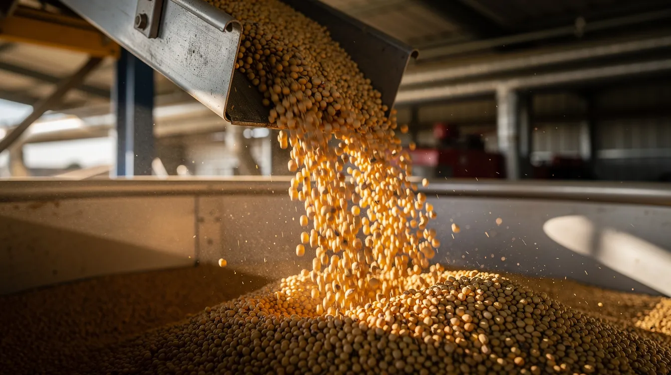 A close-up photograph captures golden soybeans flowing from a conveyor belt into a processing hopper at an industrial facility, showcasing a key step in the solvent extraction process for oil recovery. The image highlights the raw materials used in the extraction plants, emphasizing the efficiency of the oil extraction method.