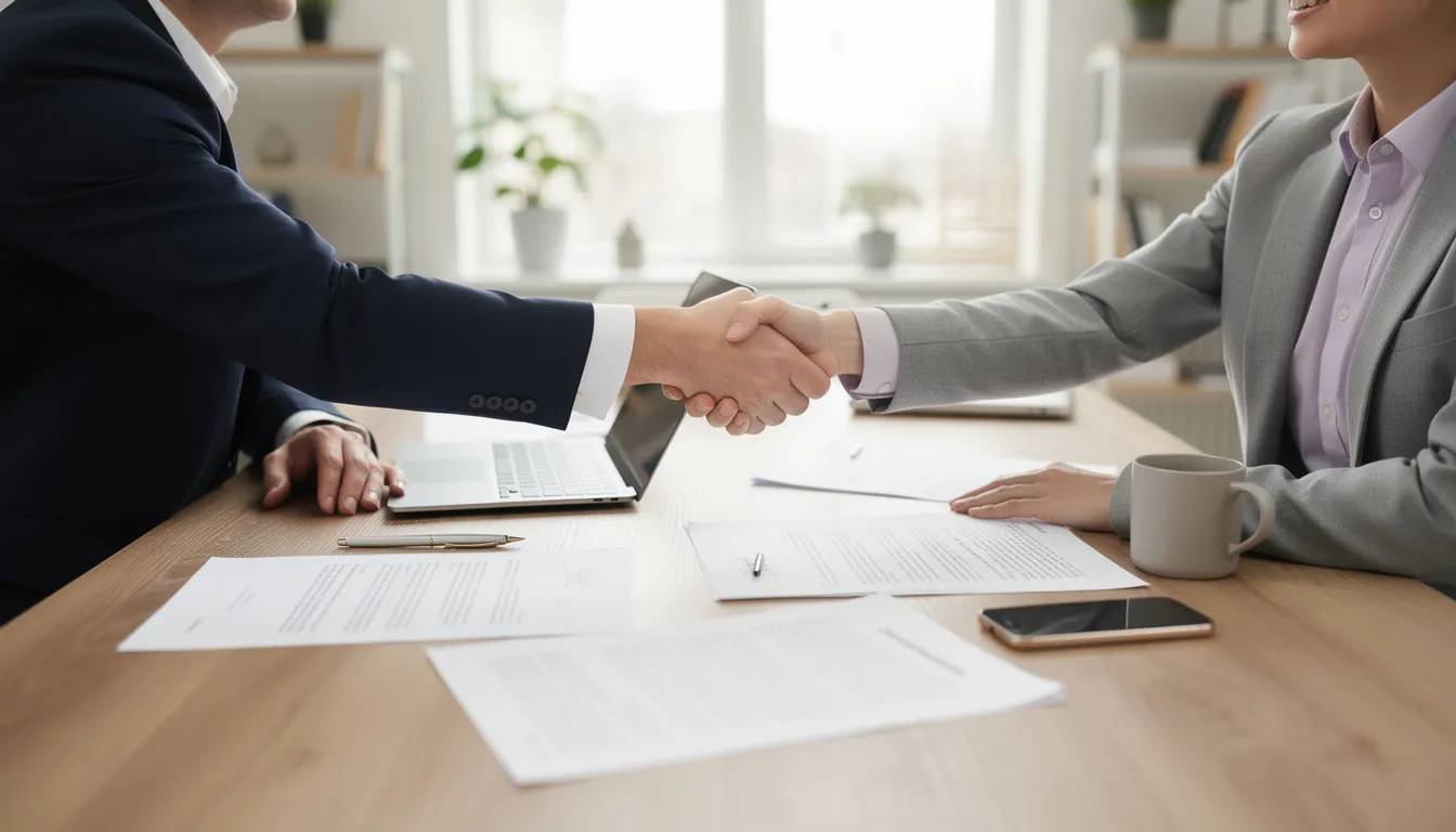 Na zdjęciu widoczny jest uścisk dłoni dwóch osób przy biurku, na którym leżą dokumenty związane z procesem sprzedaży nieruchomości. Scena może sugerować finalizację transakcji, co jest kluczowe w kontekście szybkiej sprzedaży mieszkania w Warszawie.