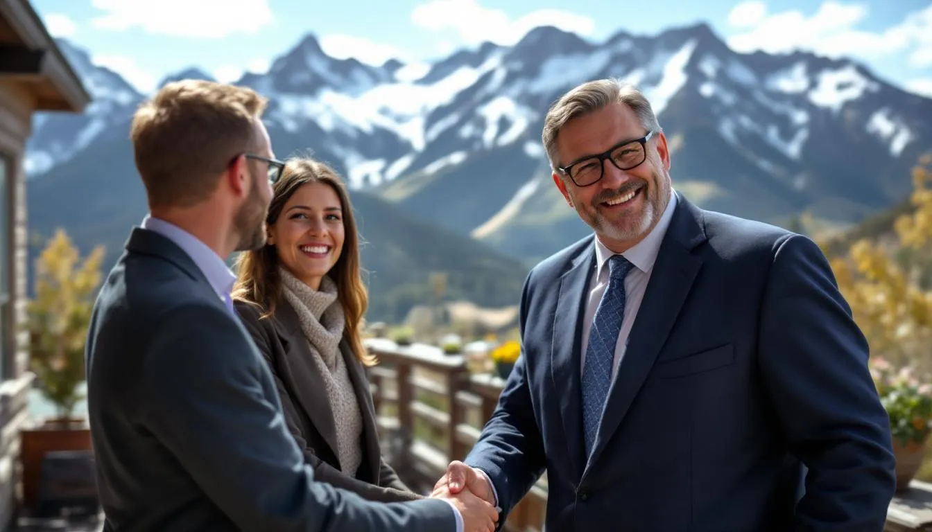 A successful Colorado Springs personal injury attorney stands confidently with happy clients against a backdrop of majestic mountains, symbolizing hope and support for those dealing with serious injuries and personal injury claims. The scene conveys a sense of trust and satisfaction in their legal representation, highlighting the importance of pursuing fair compensation for medical expenses and emotional distress.
