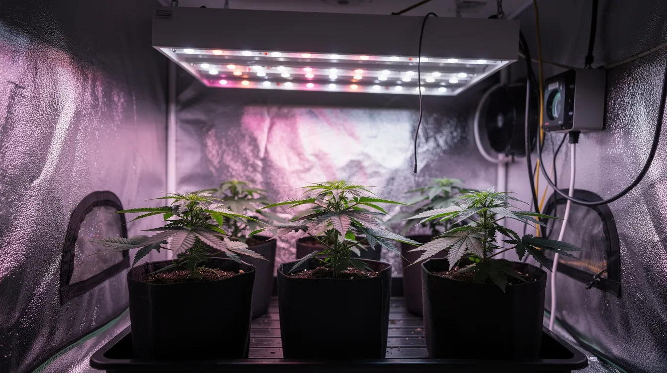 Das Bild zeigt ein Indoor-Growzelt, das mit LED-Beleuchtung ausgestattet ist und junge Cannabispflanzen in Stofftöpfen beherbergt. Die Pflanzen sind gesund und grün, was auf einen erfolgreichen Anbau von Cannabis hinweist.