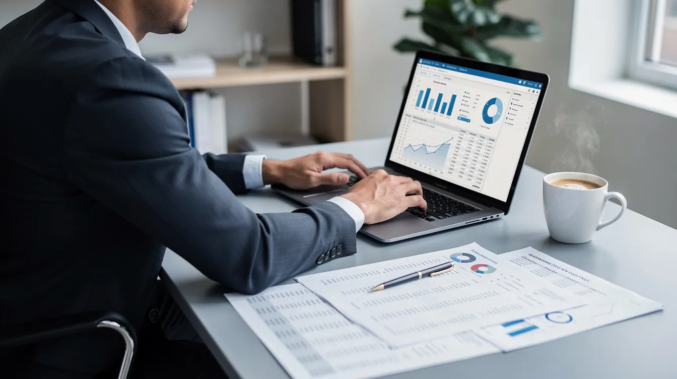 A person is seated at a desk, focused on reviewing financial documents displayed on their laptop, with a steaming cup of coffee positioned nearby. The scene suggests an environment of financial planning, possibly involving discussions about 免 tu 私人 貸款 or the intricacies of 信貸 評分.