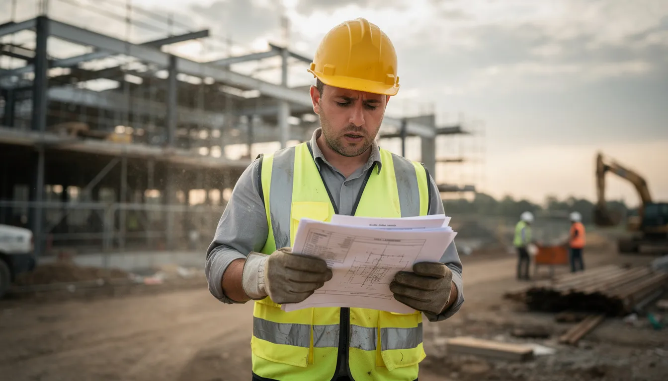 A concerned construction worker is sitting at a table, reviewing documents related to their workers compensation claim, possibly contemplating the appeals process after a denied workers comp claim. The image reflects the stress of navigating the complexities of administrative law and the potential need for legal representation from an experienced workers compensation attorney.