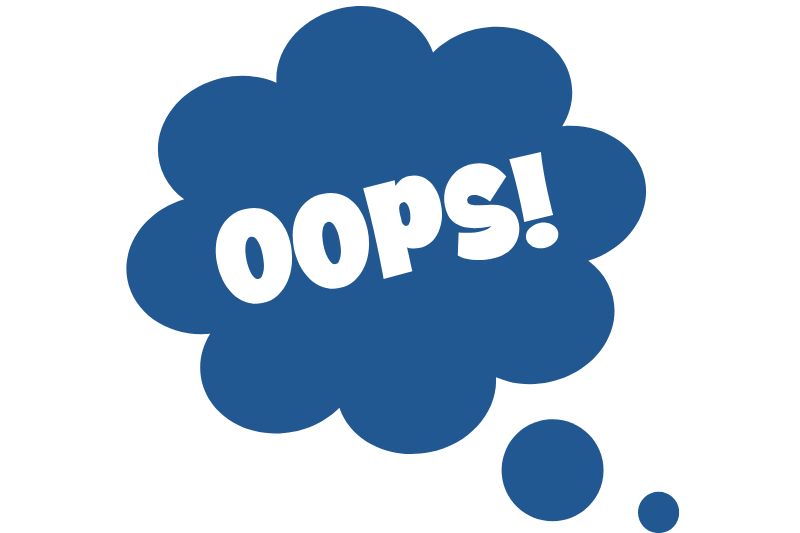 Blue thought bubble with the word "OOPS!" in white text, representing startup mistakes