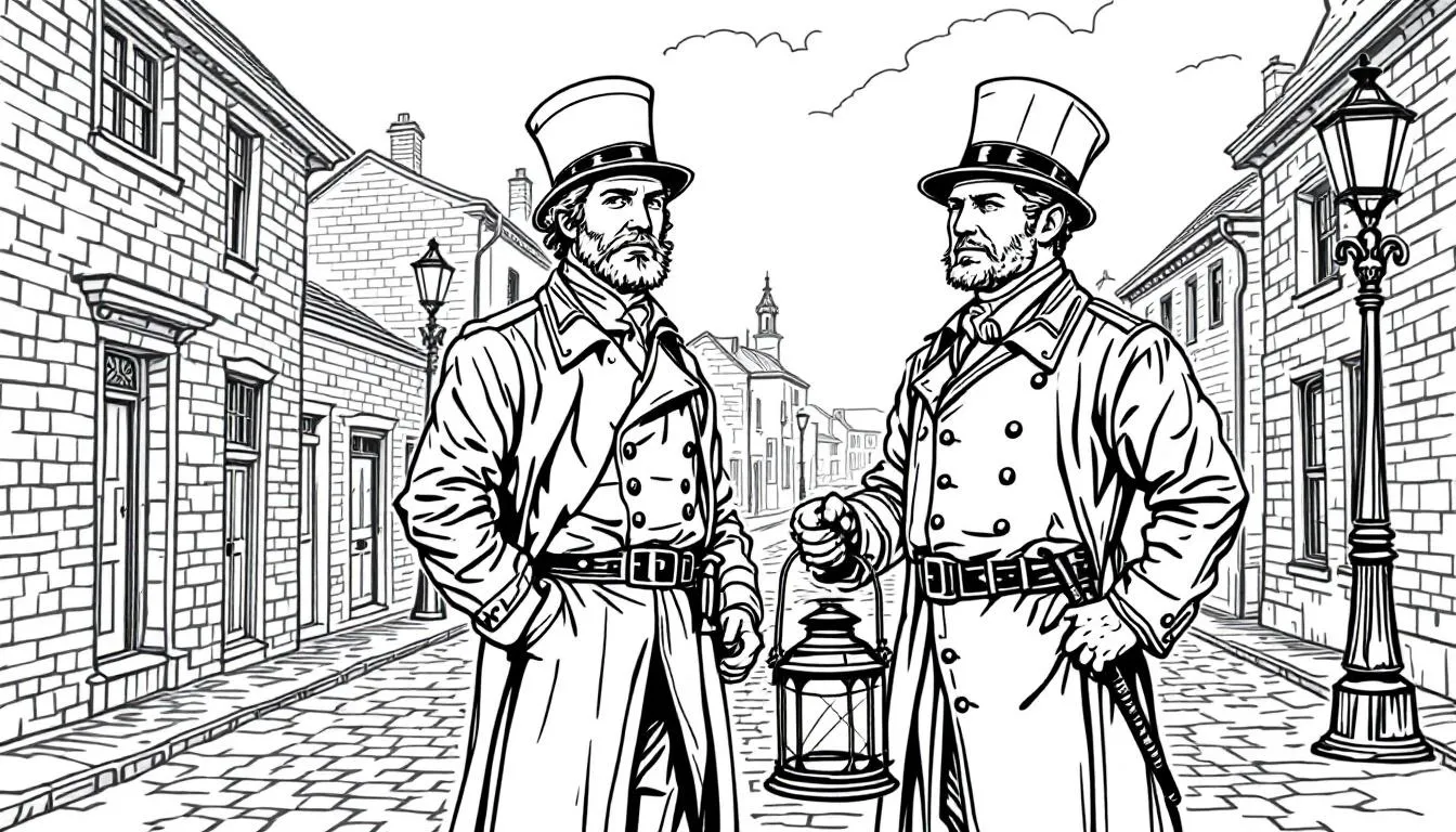 In this illustration, historical watchmen are depicted as early security officers, showcasing their role in safeguarding property and monitoring for suspicious activity. They are shown in various locations, equipped with the tools necessary to perform their duties effectively, reflecting the origins of the security industry.