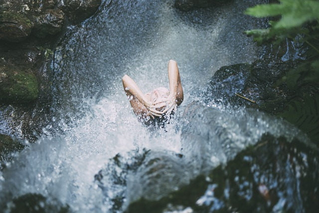 waterfall, woman, showering