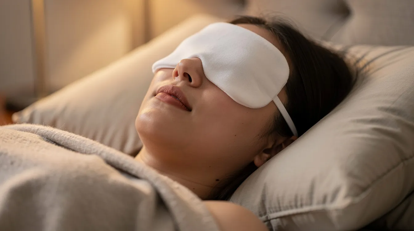 Una persona se encuentra recostada con la cabeza elevada sobre almohadas, mientras lleva una compresa fría suave sobre los ojos cerrados, lo que sugiere un proceso de recuperación tras una blefaroplastia. La imagen refleja el cuidado postoperatorio necesario para aliviar la hinchazón y la sensibilidad en la zona de los párpados.