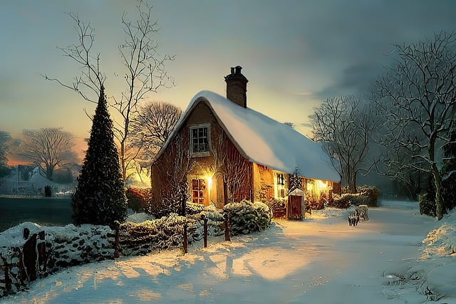 winter, cottage, christmas print