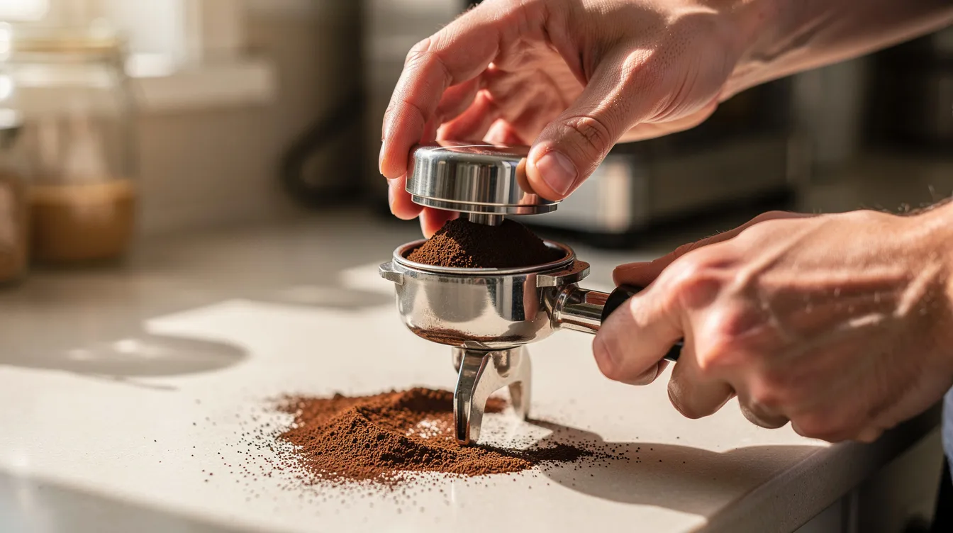 En la imagen se pueden ver manos de un barista presionando café molido en un portafiltro de acero inoxidable sobre una encimera de cocina, preparándose para la extracción de un espresso. Este proceso es esencial para obtener un café de calidad en cafeteras para espresso.