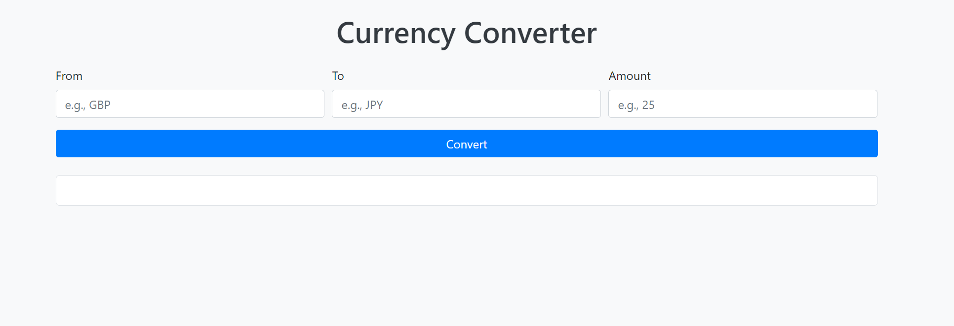 home page of the currency converter application