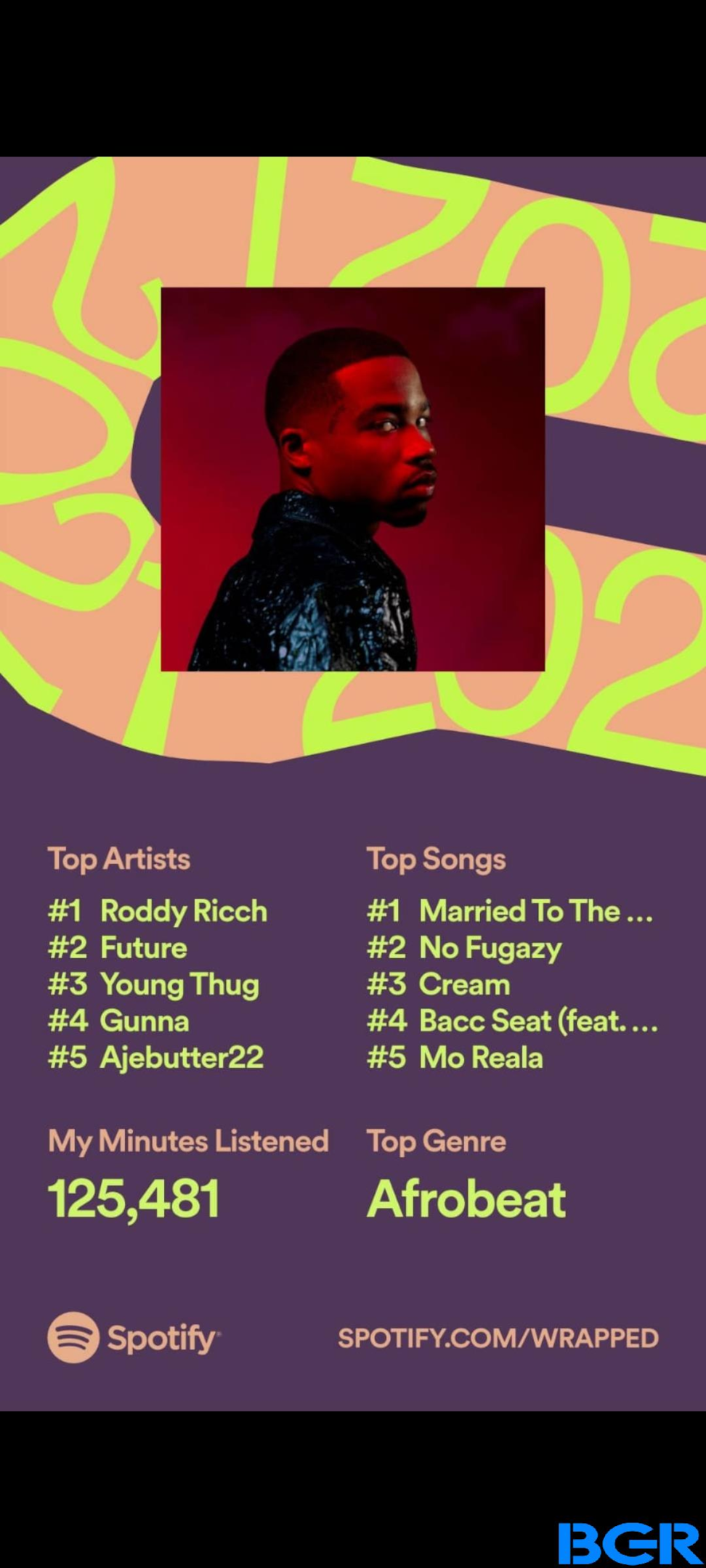 Spotify Wrapped showing top artists, top songs, top genre and total minutes listened  