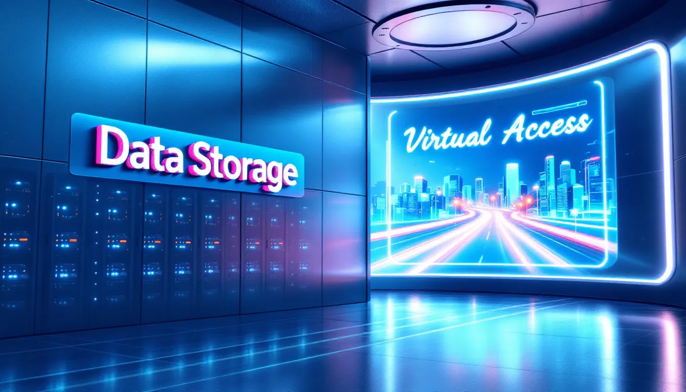 The image illustrates the concept of "Data Storage vs. Virtual Access," highlighting the differences between traditional data storage systems like data lakes and data warehouses and modern data virtualization solutions. It emphasizes how data virtualization creates a unified view of data from multiple sources, enabling users to analyze data without the need for physical data movement, thus enhancing data agility and integration across disparate systems.