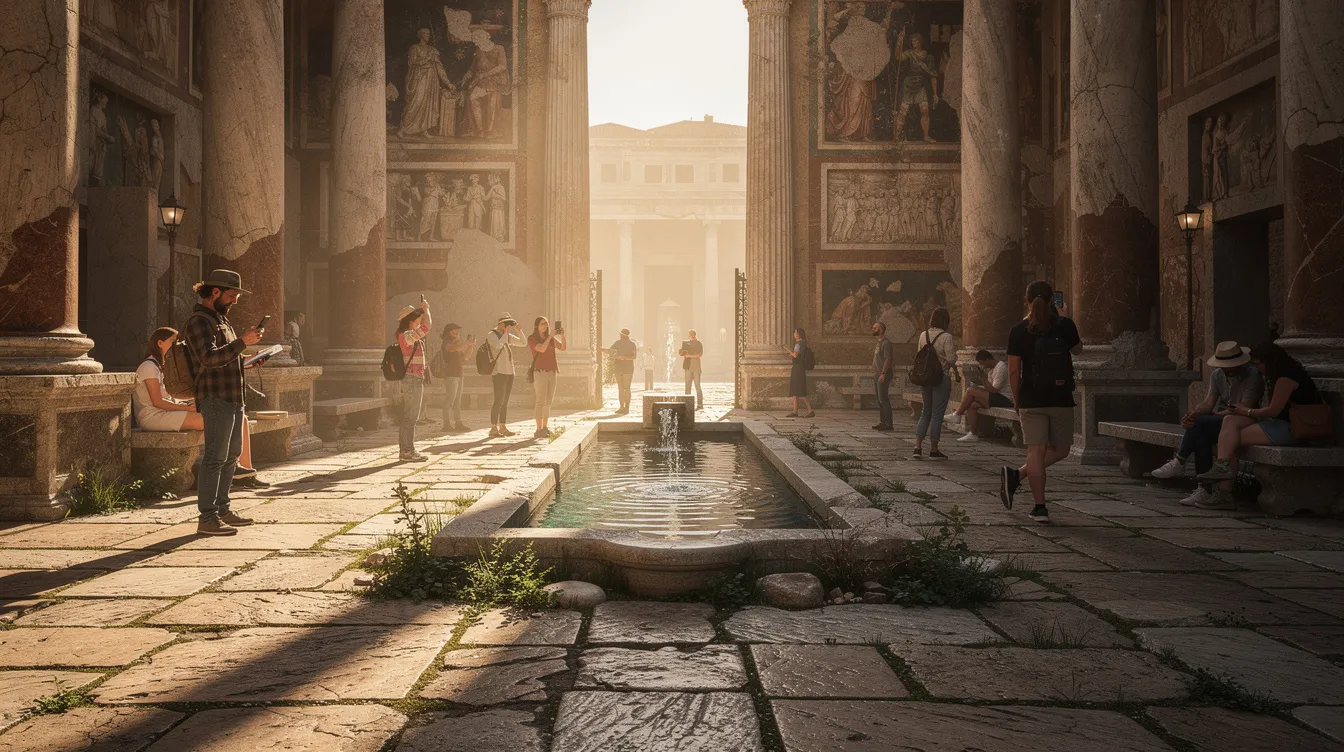 Um pátio de um antigo palácio romano é retratado, onde turistas exploram colunas de pedra que remetem à rica cultura da época. O ambiente é vibrante, com visitantes interagindo e admirando a arquitetura histórica.