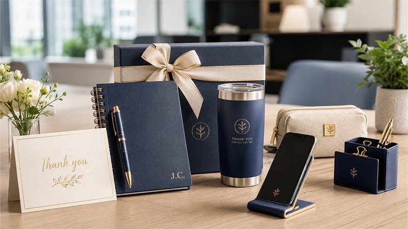Personalized administrative professional appreciation gifts including notebook, tumbler, pen, phone stand, pouch, gift box, and thank-you card