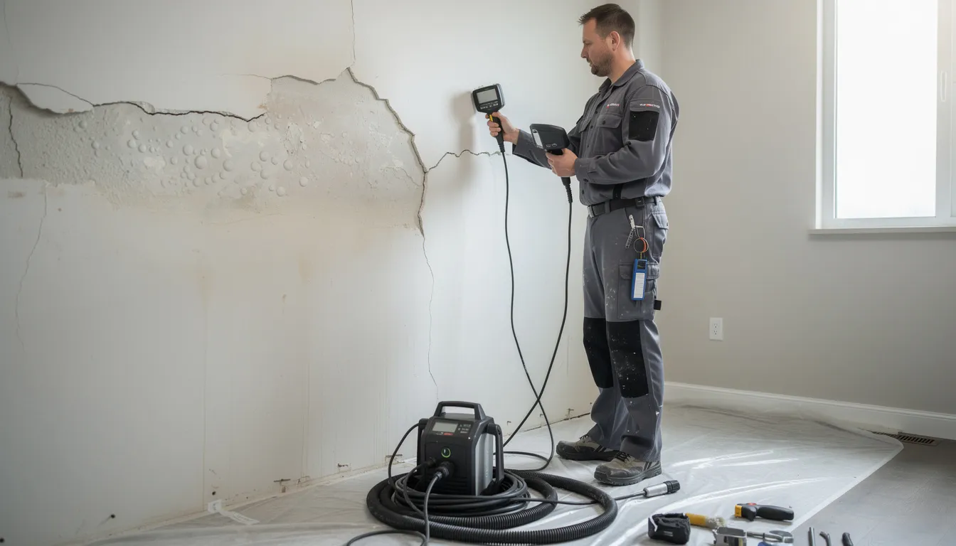 A professional restoration technician is inspecting a damaged interior wall using specialized equipment to assess the extent of property damage. This inspection is crucial for determining the necessary structural repairs and ensuring the safety of residential and commercial properties in Houston, TX.