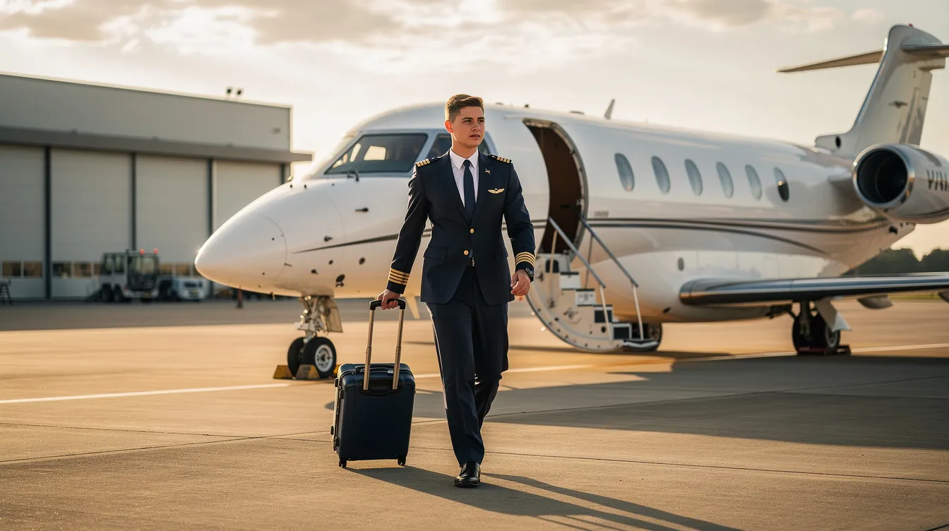 A young pilot in uniform strides confidently towards a mid-size private jet on a private airport ramp, embodying the aspirations of those pursuing a career in private aviation. This scene reflects the journey of becoming a private jet pilot, highlighting the importance of flight training and obtaining a private pilot license.