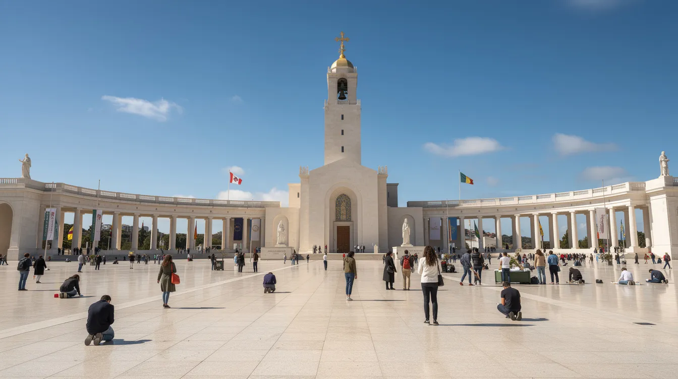 Imagem do Santuário de Fátima, em Portugal, que destaca a Basílica de Nossa Senhora do Rosário, cercada por visitantes em um ambiente de fé e devoção. Ao fundo, a Cova da Iria, local das aparições, é visível, criando um ambiente espiritual e acolhedor.