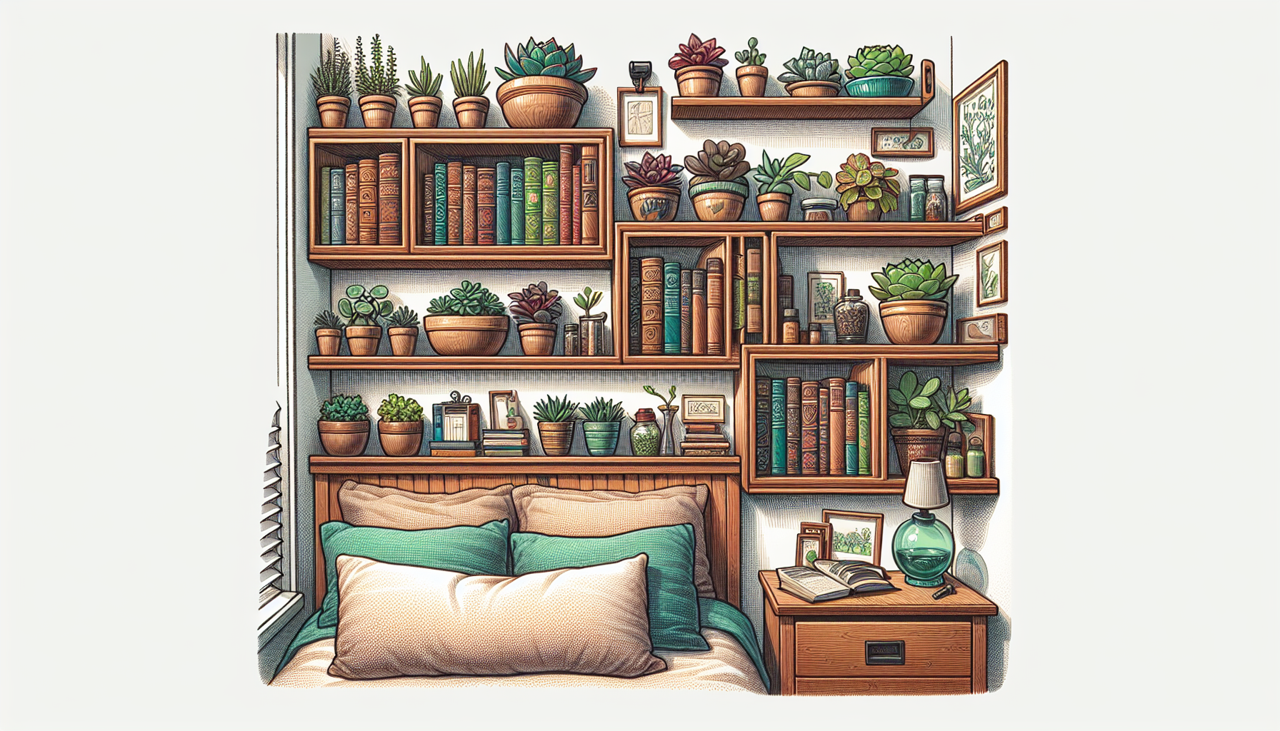 Illustration of wall-mounted shelves in a small bedroom