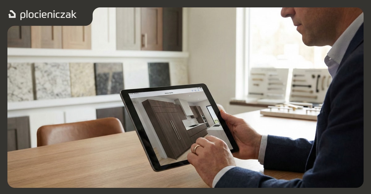 Projektant kuchni analizuje wizualizację 3D zabudowy z lodówką na tablecie – proces planowania kuchni premium na wymiar