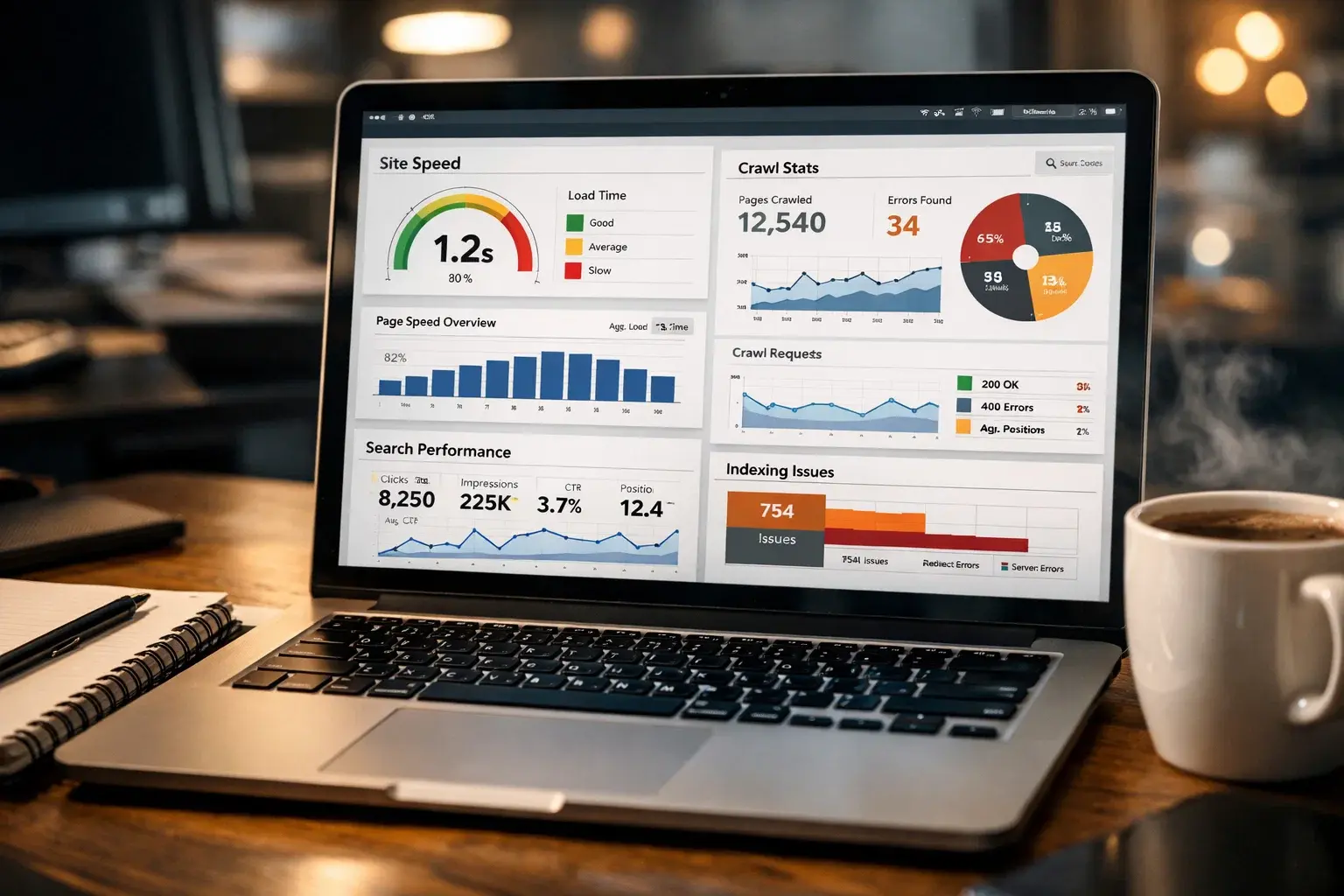 Laptop showing technical SEO data and website performance metrics for an insurance website