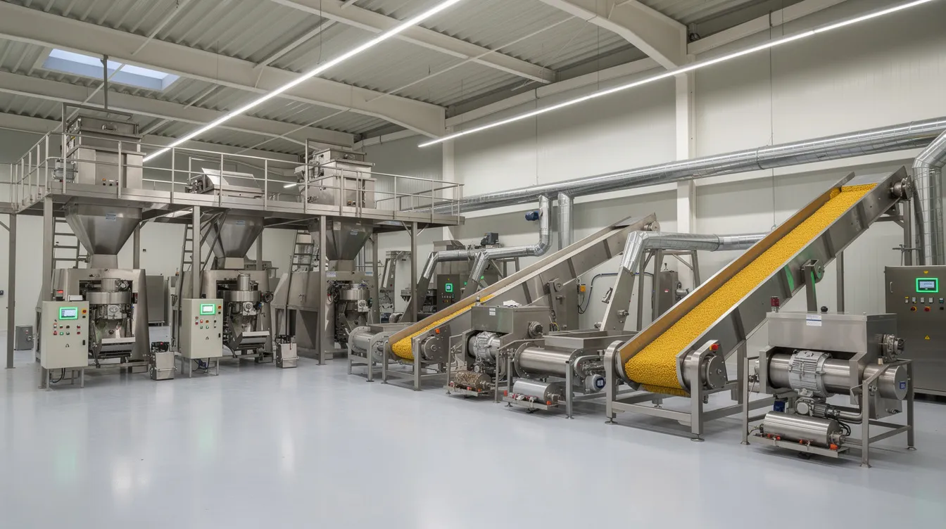 c5047058 4549 4f23 b112 dbcac20dd228 The image depicts the interior of a modern dal mill, showcasing stainless steel machinery and conveyor systems in a clean industrial environment. This setting highlights the advanced features and construction materials used in the processing of pulses, providing a better understanding of the technical specifications involved in dal production.