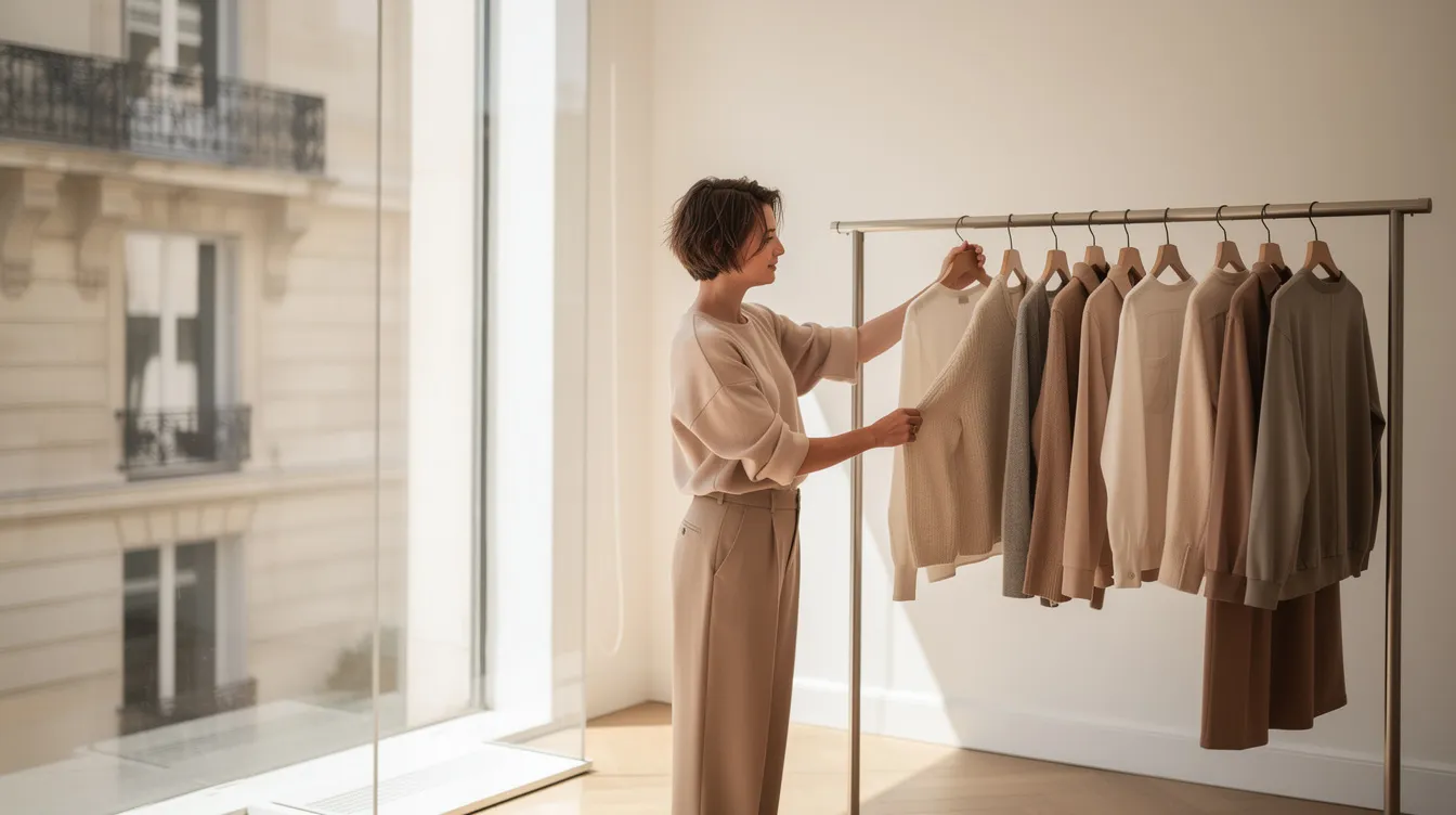 A woman with short hair is browsing a rack of neutral-colored blouses in a bright Parisian boutique, featuring large windows that let in ample light. This scene captures the essence of fashion in the city, making it a great stop for anyone looking for outfit ideas while visiting Paris.