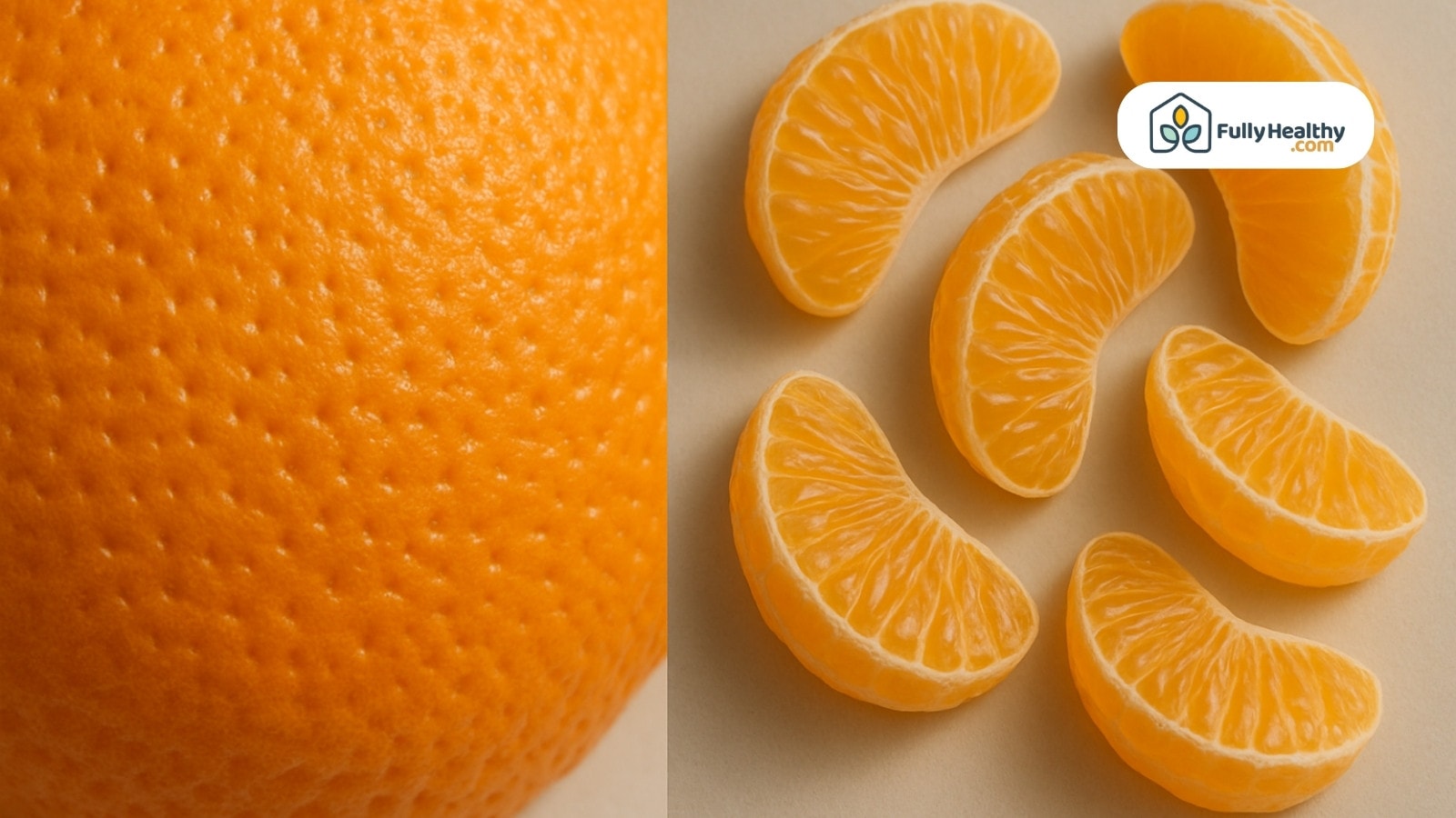 Close-up of orange peel and several peeled juicy orange segments on light background