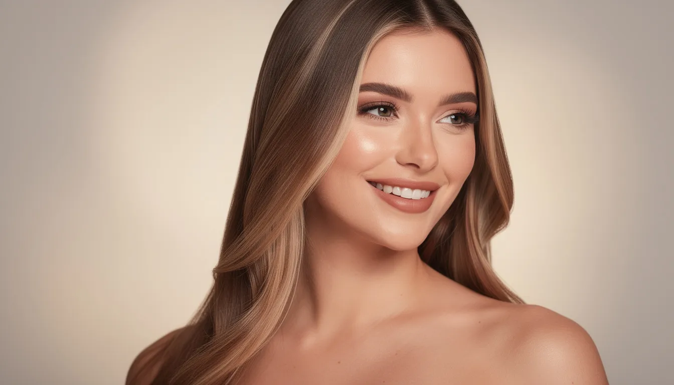 A woman with beautiful dimensional highlights and healthy-looking hair smiles naturally, showcasing her fabulous hairstyle. Her confident expression reflects the exceptional service she received at a top-rated hair salon in Denver, where talented stylists helped her achieve this desired look.