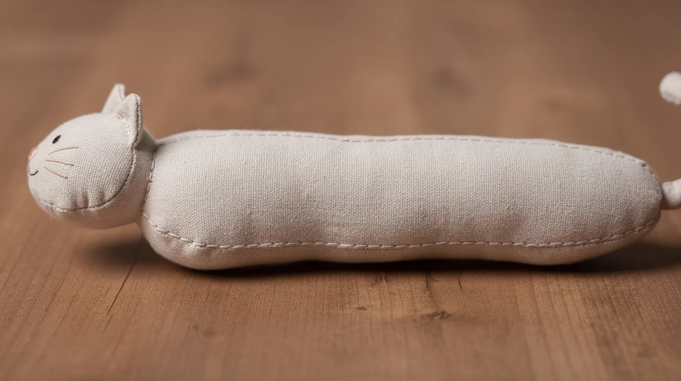 A plush cat kicker toy is elegantly displayed on a wooden surface, showcasing its durable construction and neat stitching along the seams. This toy is designed to provide mental stimulation and fun for cats, ensuring they stay engaged and entertained during playtime.