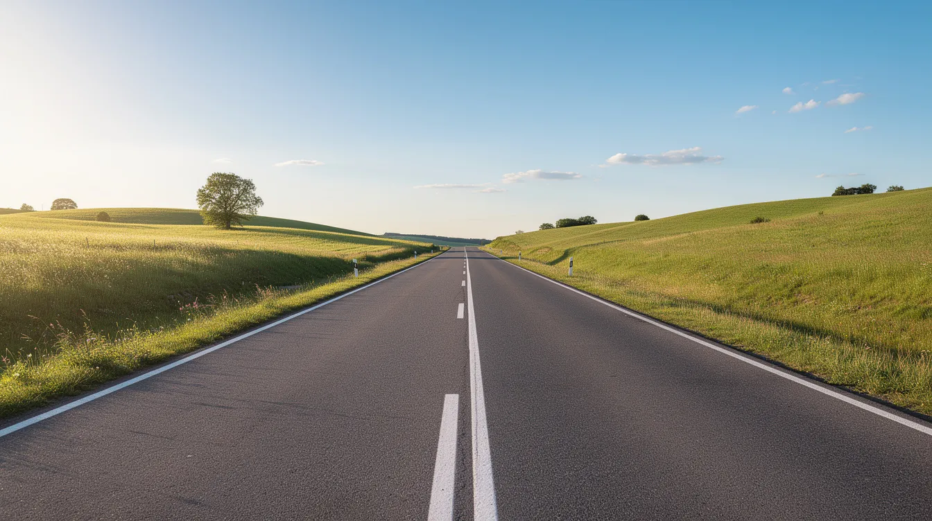 An open road stretches into the distance, flanked by lush green hills under a clear blue sky, symbolizing new beginnings and opportunities ahead. This scene evokes a sense of exploration and potential, much like the journey of an associate member embarking on a new chapter in their career or education.