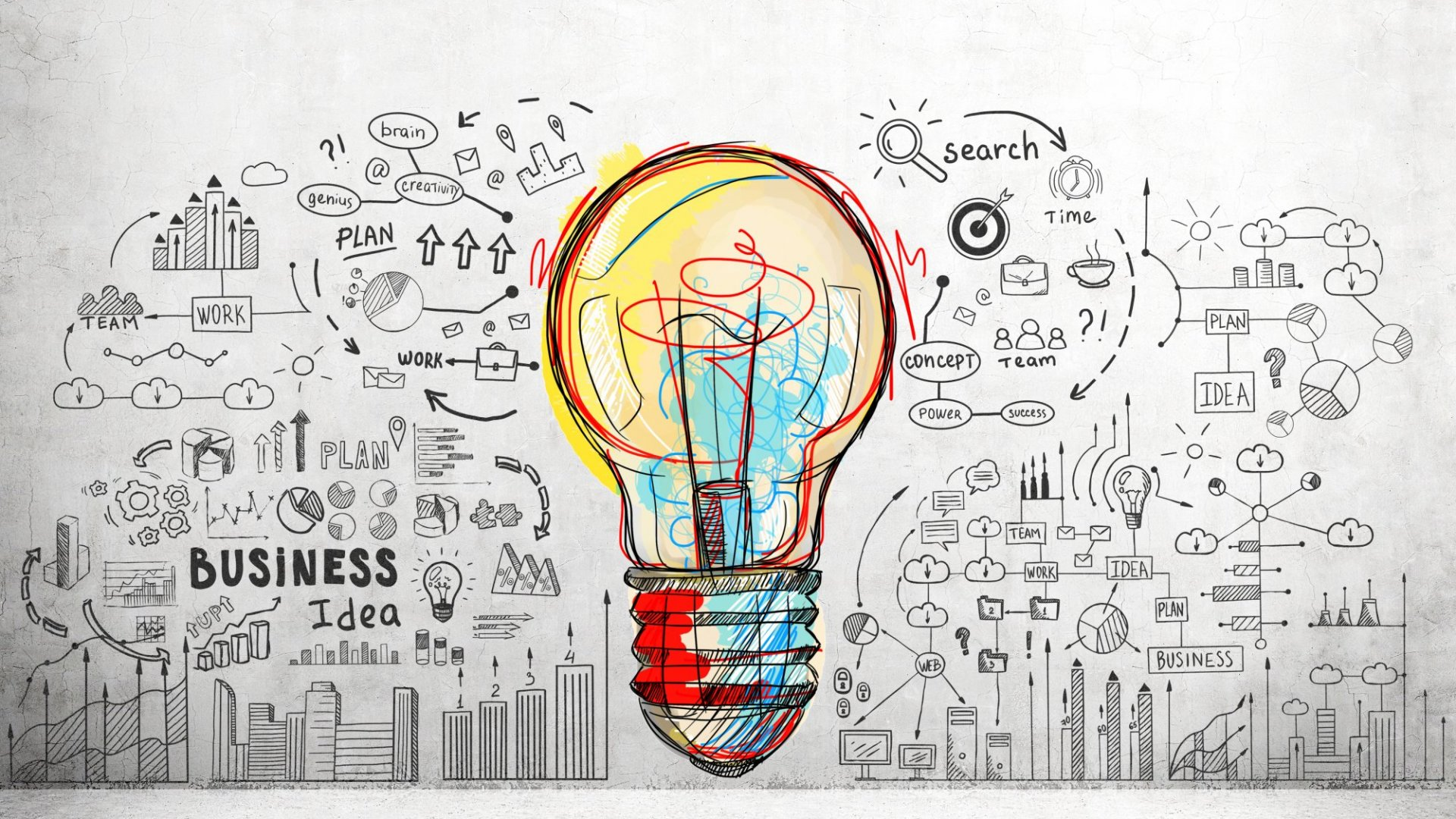 Black and white "Business Idea" and business-related doodles surrounding colorful lightbulb