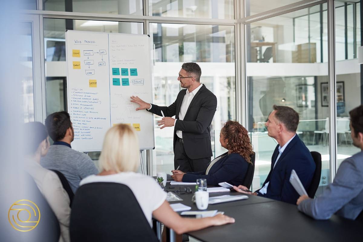 Senior male team leader presenting a complex workflow chart to colleagues at ACTIVE© Project Management.