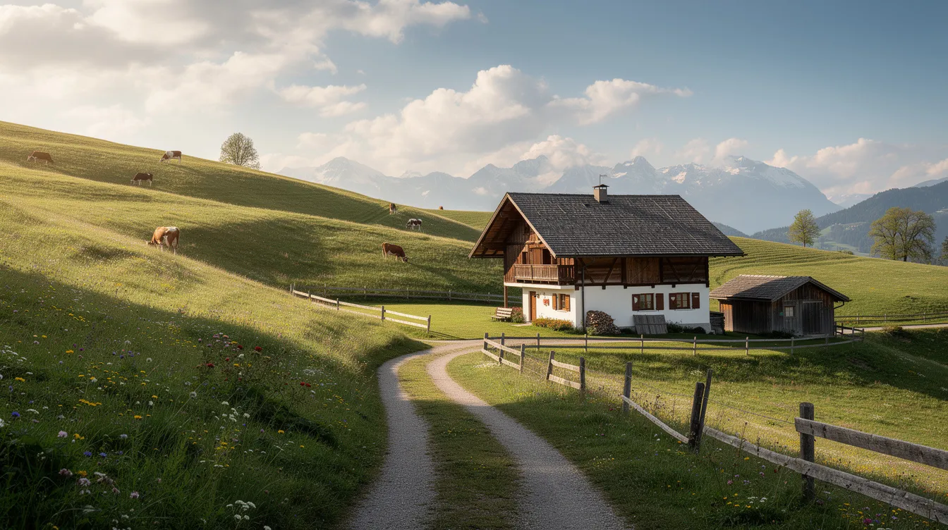 Die Bildbeschreibung zeigt eine malerische Schweizer Landschaft mit sanften, grünen Hügeln und einem traditionellen Bauernhof, der harmonisch in die natürliche Umgebung integriert ist. Diese idyllische Szene erinnert an die Ruhe und Schönheit der ländlichen Schweiz.