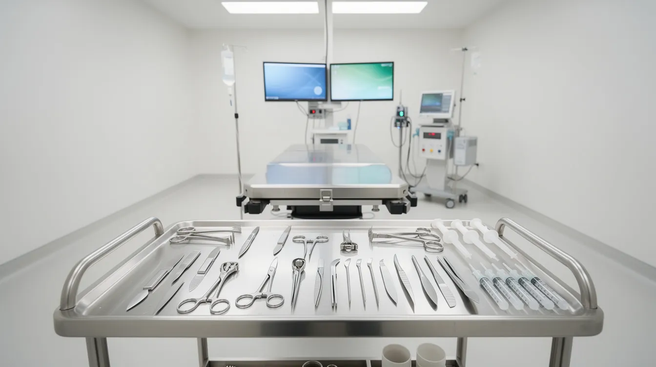 Imagen de una sala quirúrgica limpia, donde se observa una mesa de acero inoxidable con instrumental médico preparado para un procedimiento. Este entorno es típico para intervenciones como la cirugía para quitar las bolsas de los ojos, donde un cirujano plástico puede realizar técnicas para eliminar el exceso de grasa y piel en la zona de los párpados.
