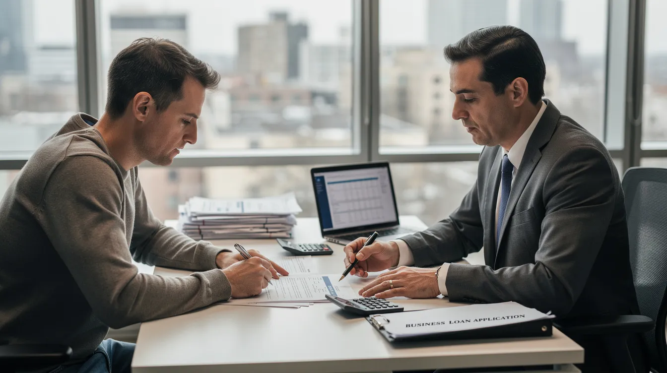 c50c82d7 9030 4997 aa70 b630974e7dea The image shows a small business owner seated at a desk, engaged in a discussion with a bank officer while reviewing various financial documents, including a loan application form and bank statements. This scene highlights the process of applying for a business loan, where the owner is likely seeking funding from financial institutions to expand their business.