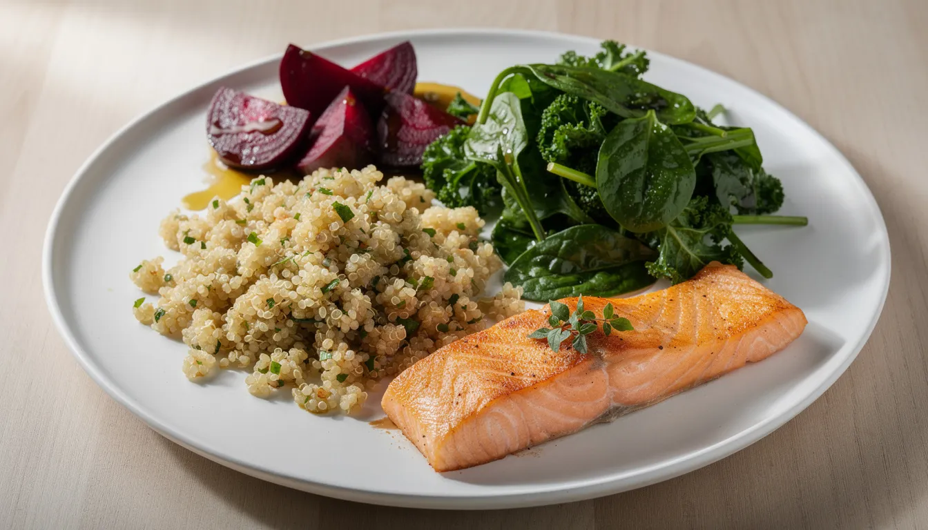 A vibrant plate of food showcases a perfectly cooked salmon fillet alongside a medley of leafy green vegetables, fluffy quinoa, and roasted beets, offering a nutritious balance that supports overall health and metabolism. This colorful meal is rich in nutrients that can enhance physical performance and promote better sleep quality.