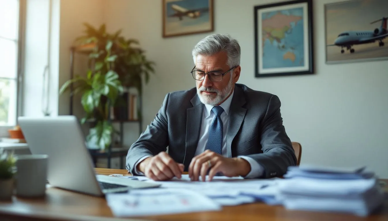 An aviation flight school business owner is reviewing financing paperwork, which includes documents related to loans and interest rates for aspiring pilots. The scene conveys the importance of understanding the loan process and eligibility requirements for flight training financing to achieve their aviation dreams.