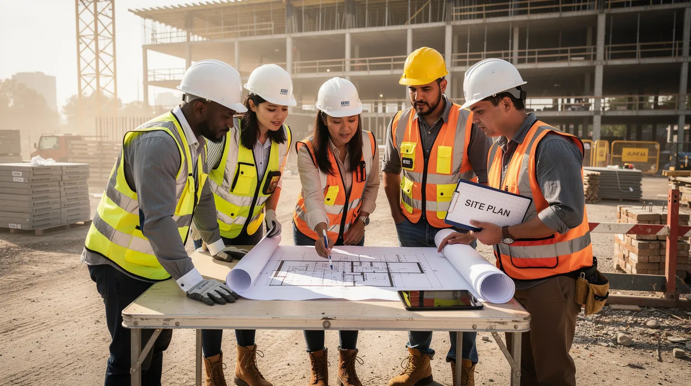 A diverse construction team, including women and men, collaborates around blueprints at a commercial building site, demonstrating teamwork essential for effective project management in the construction industry. Their engagement highlights the importance of skilled workers and ongoing training programs in addressing the labor shortage and developing a reliable workforce.